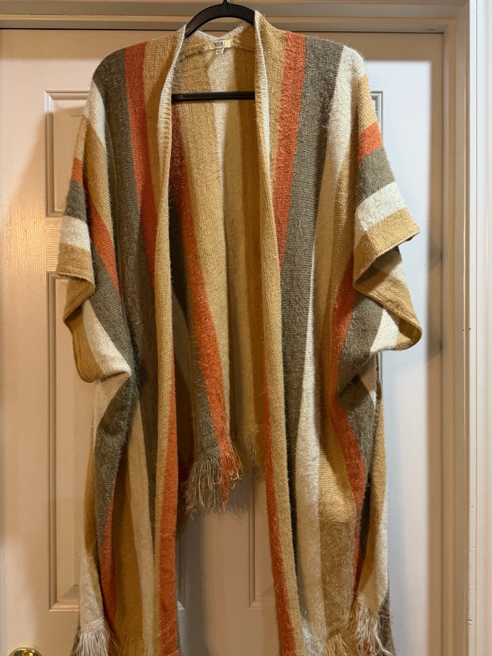 Kori Striped Fringe Shawl in Cream/Tan/Olive/Orange - Size Xl/1XL